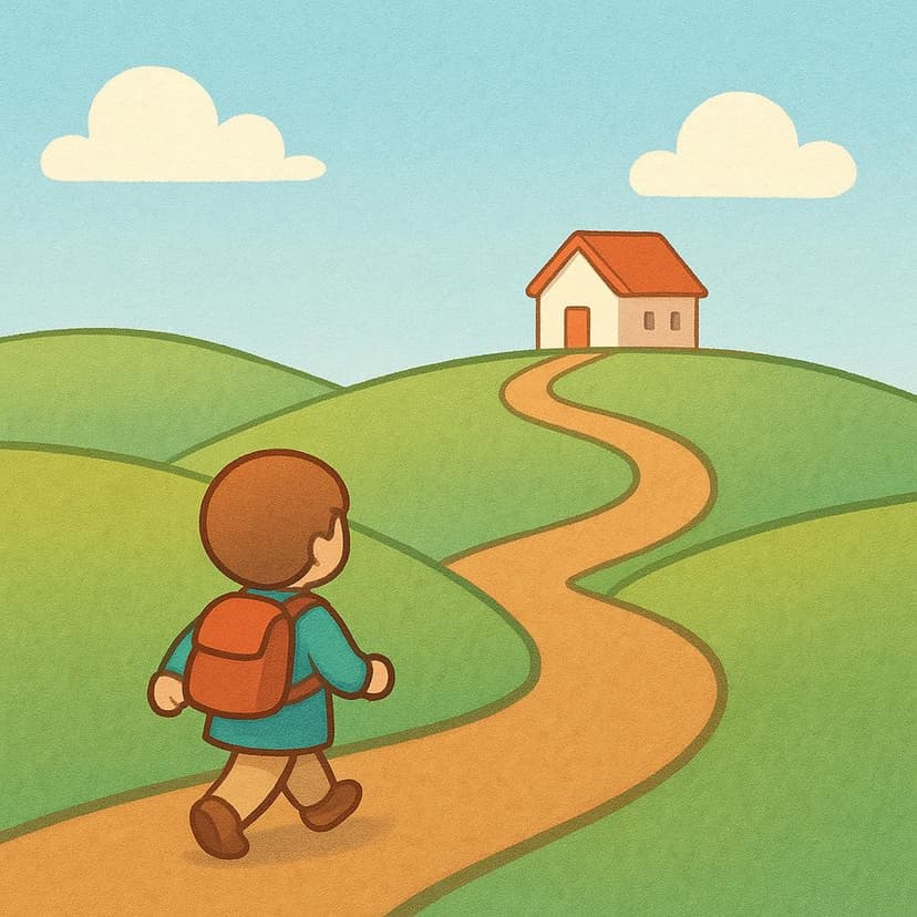 A high quality simple colorful storybook illustration showing a stylized figure walking on a winding path toward a small, brightly lit house in the distance, representing the hypothetical action of arrival.