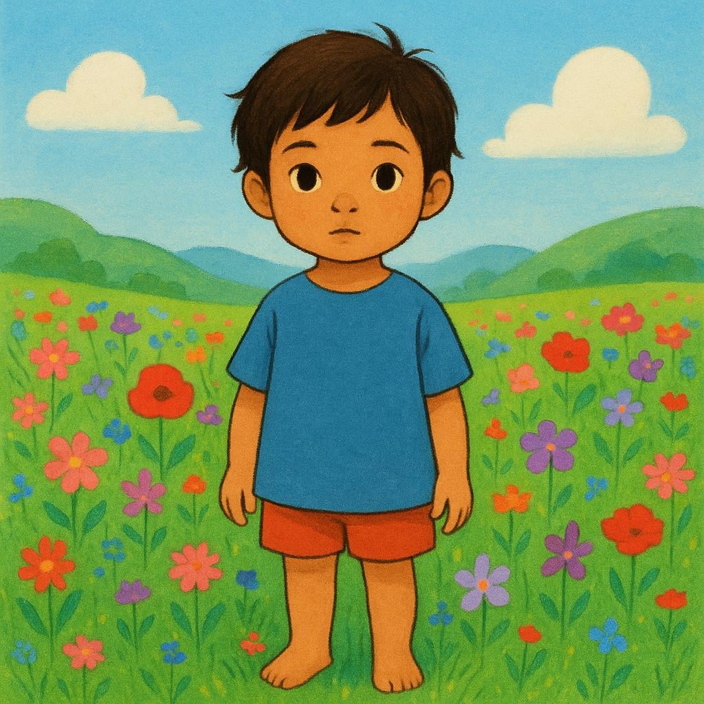 A curious young child is standing in a brightly colored field, staring directly out of the frame with focused eyes, illustrating the action of looking at the viewer.