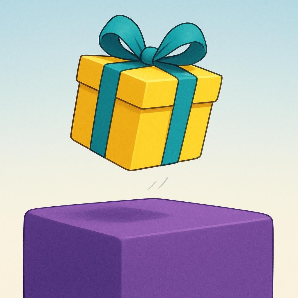 A brightly wrapped yellow gift box is gently descending from above, just about to touch the surface of a solid, large purple block, illustrating an event falling on a specific day.