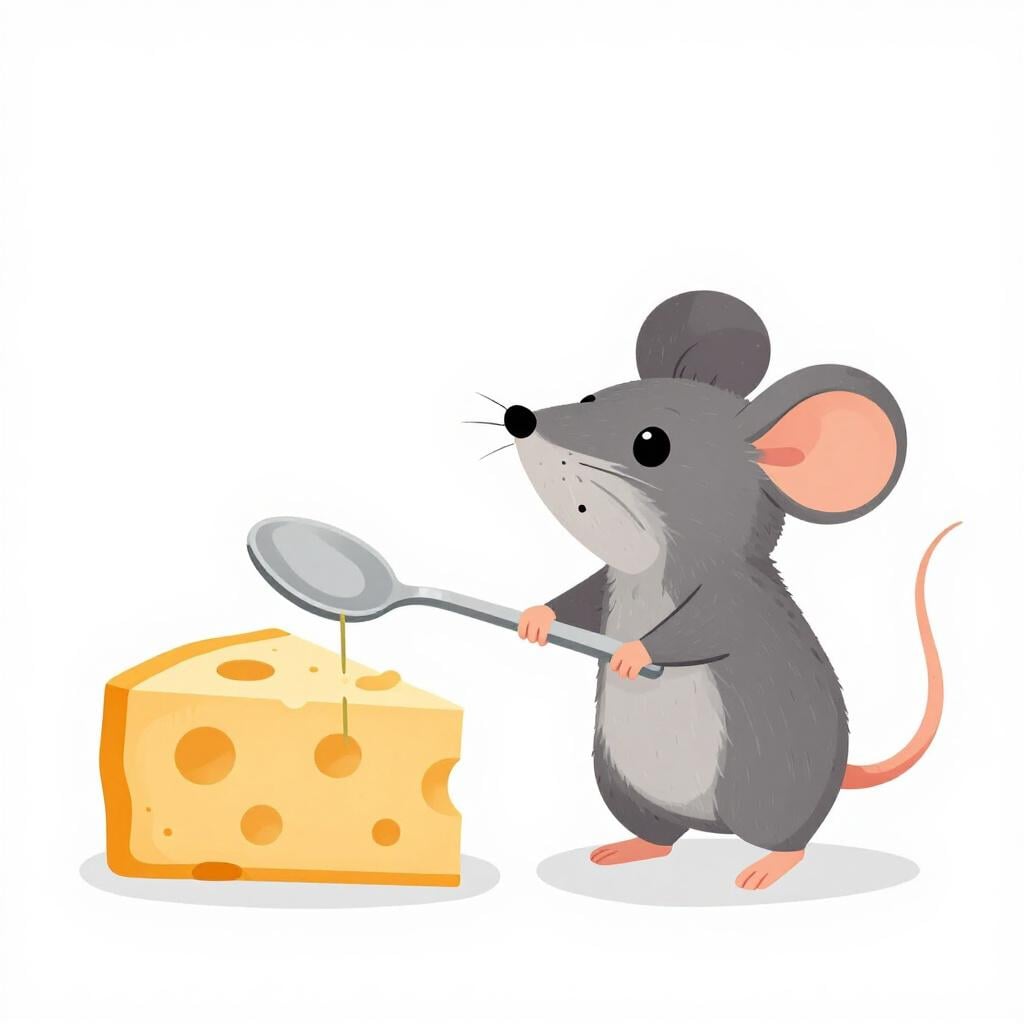 Un piccolo topo che usa un cucchiaio e un pezzo di spago per creare un ingegnoso sistema di carrucole per sollevare un pezzo di formaggio.