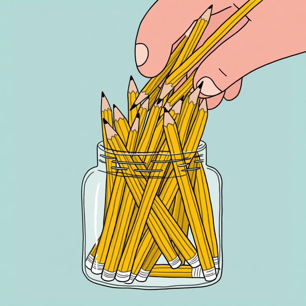 A hand reaching into a jar full of pencils and taking a large, visible handful, illustrating the pronoun meaning 'many (of them)'.