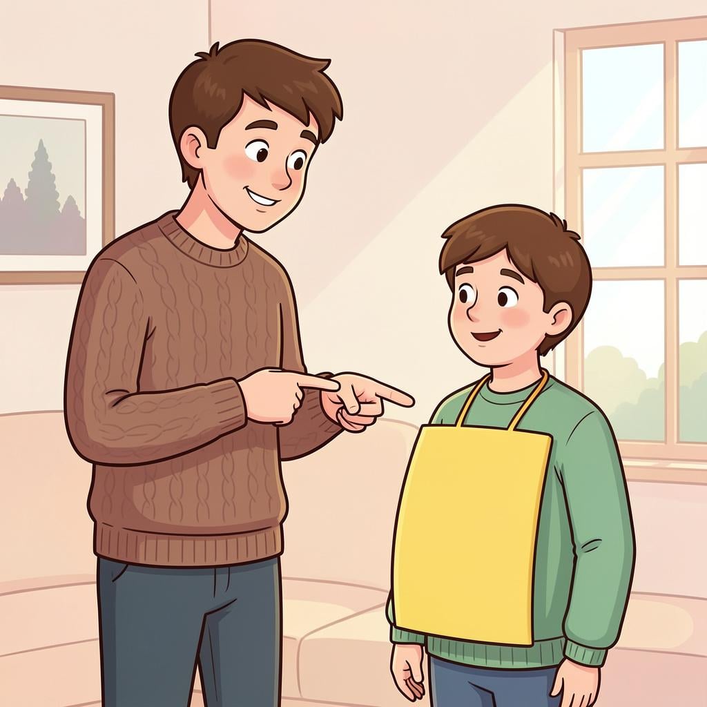 A friendly teacher pointing to a student wearing a bright name tag.