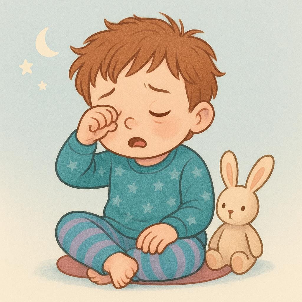 A child sitting slumped against a large tree trunk, rubbing their eyes and looking weary, illustrating a state of feeling exhausted.