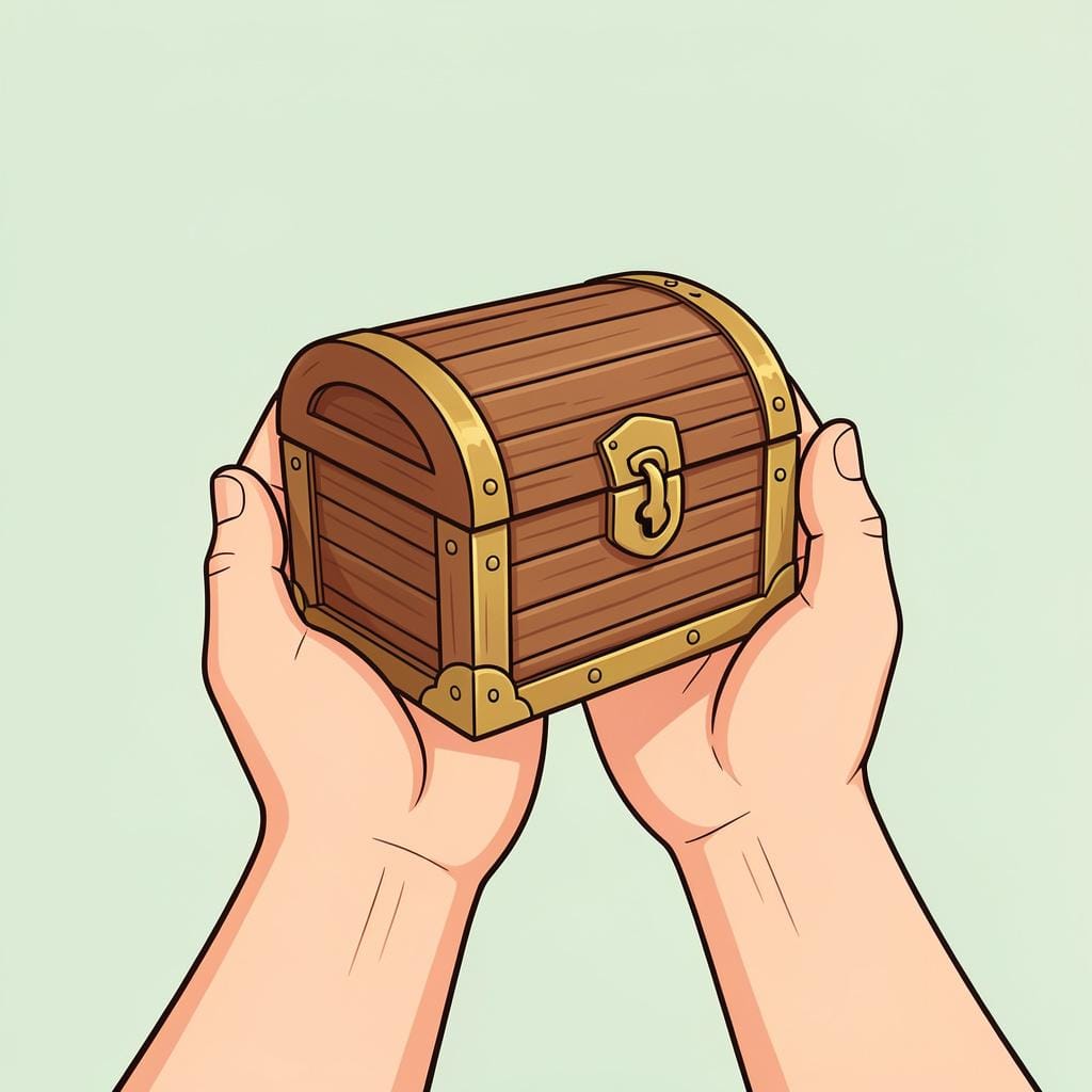 A person holding a small wooden treasure chest tightly in their hands.