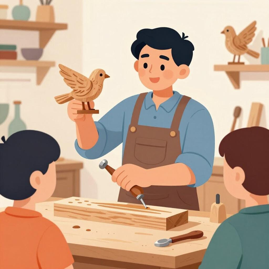 Un artigiano esperto che dimostra con sicurezza un'abilità a un pubblico attento.