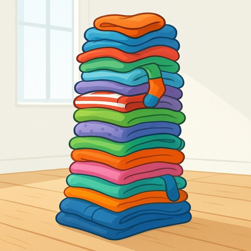 A massive, unstable, and towering pile of multicolored clean laundry stacked haphazardly in the middle of a bright room.