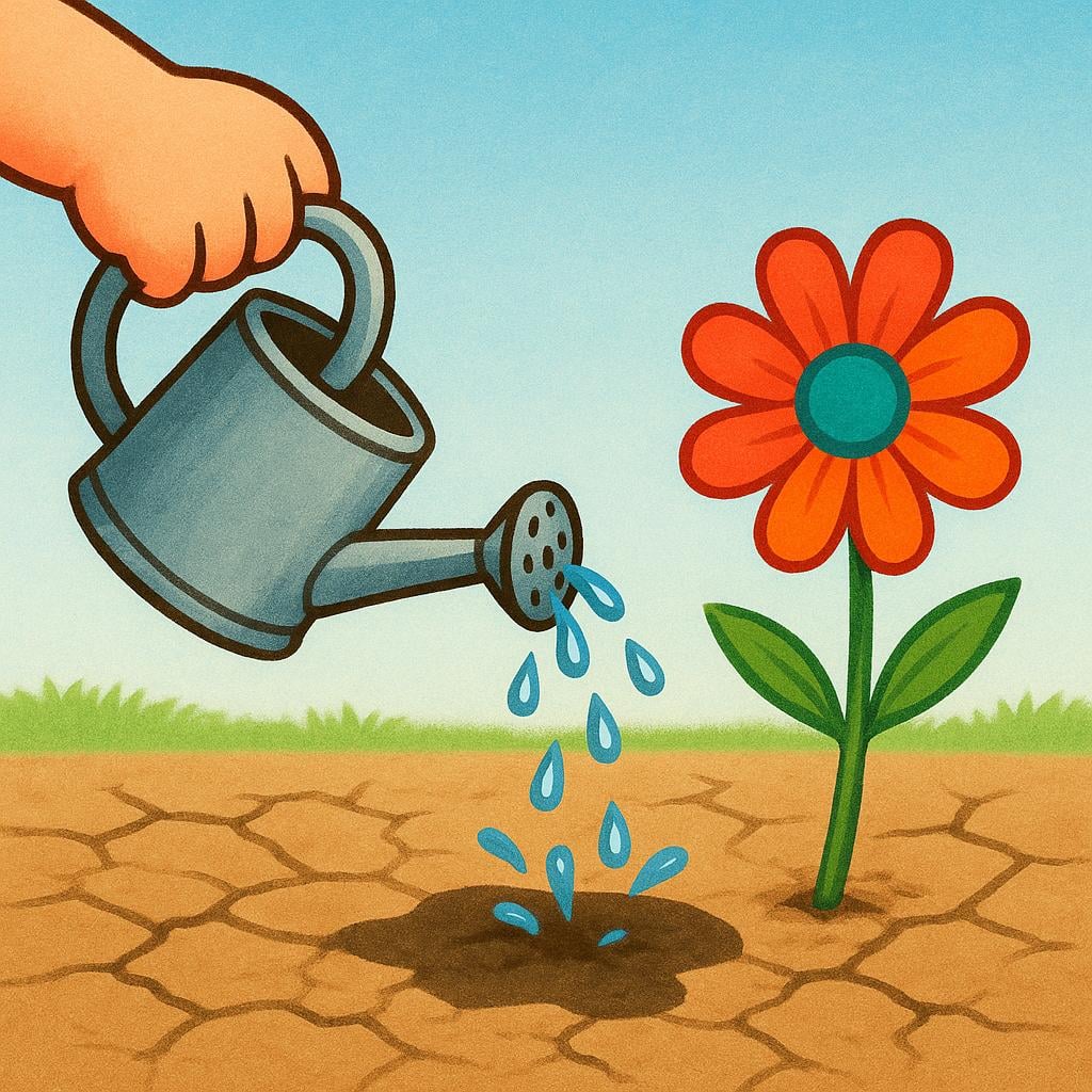 A watering can pours water onto the ground, causing a single colorful flower to instantly bloom, illustrating a resulting consequence.