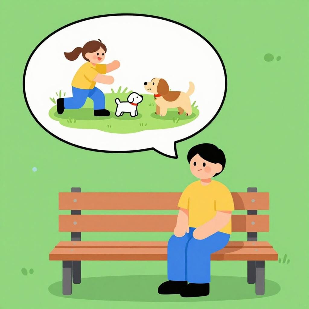 Una persona seduta su una panchina del parco con un sorriso felice, immaginando una scena luminosa di sé che gioca con un cucciolo.