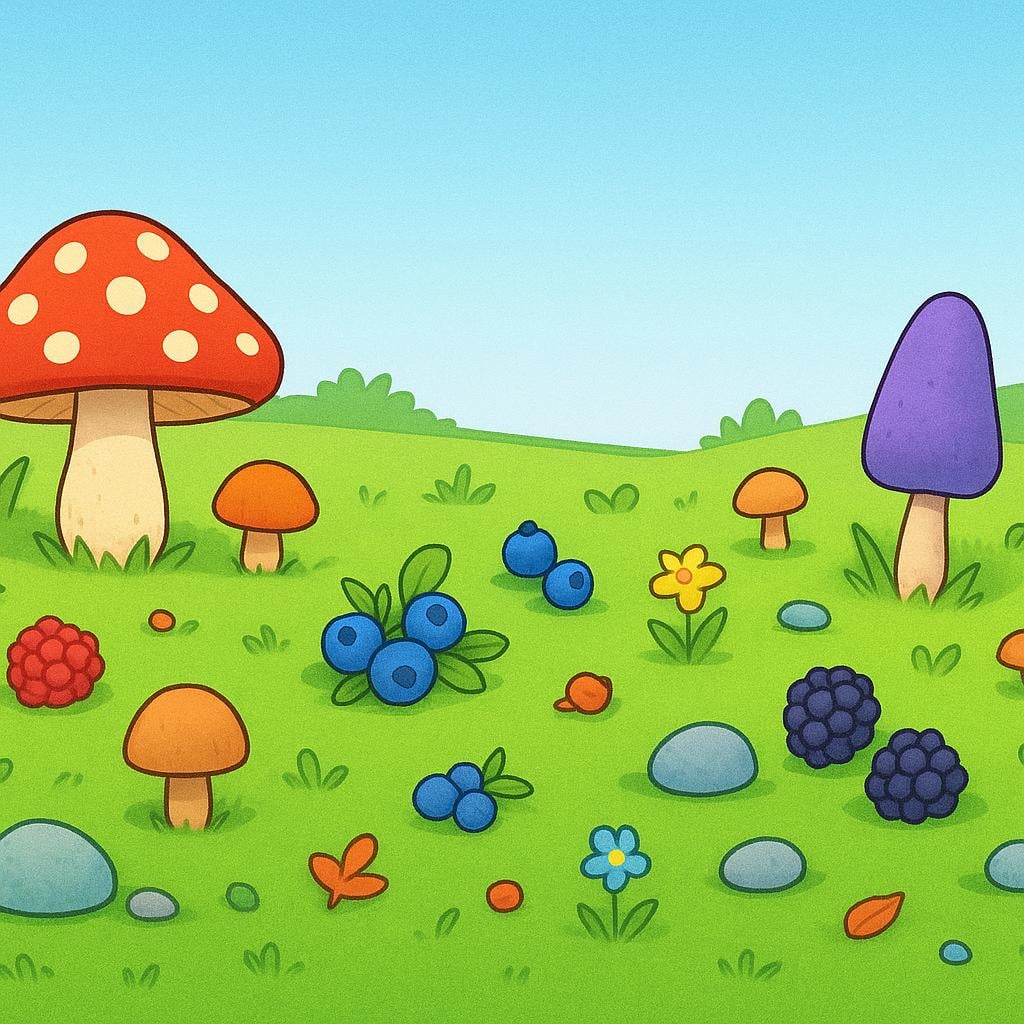 A wide, green field covered with many different colorful objects, illustrating the existence of multiple things.