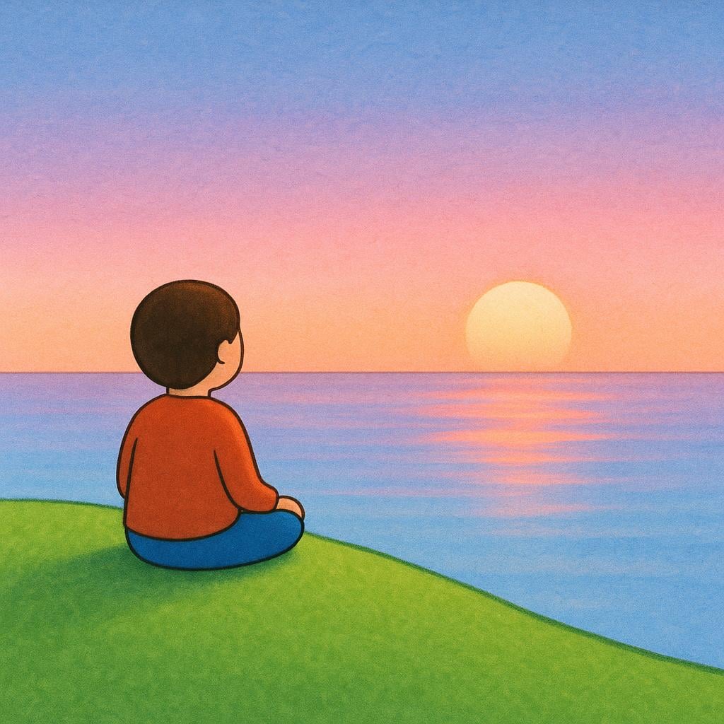 A solitary figure sitting peacefully on a green hillside, gazing at a calm, colorful sunset, representing cherished peace and solitude.