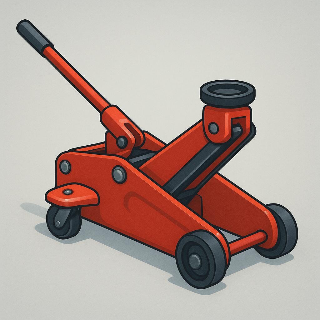 Een felrode hydraulische krik die op een grijze ondergrond rust.