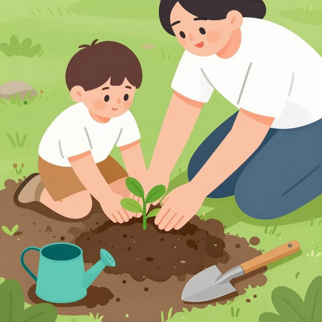 Uma pessoa amigável mostrando a uma criança como plantar uma pequena muda em um jardim.