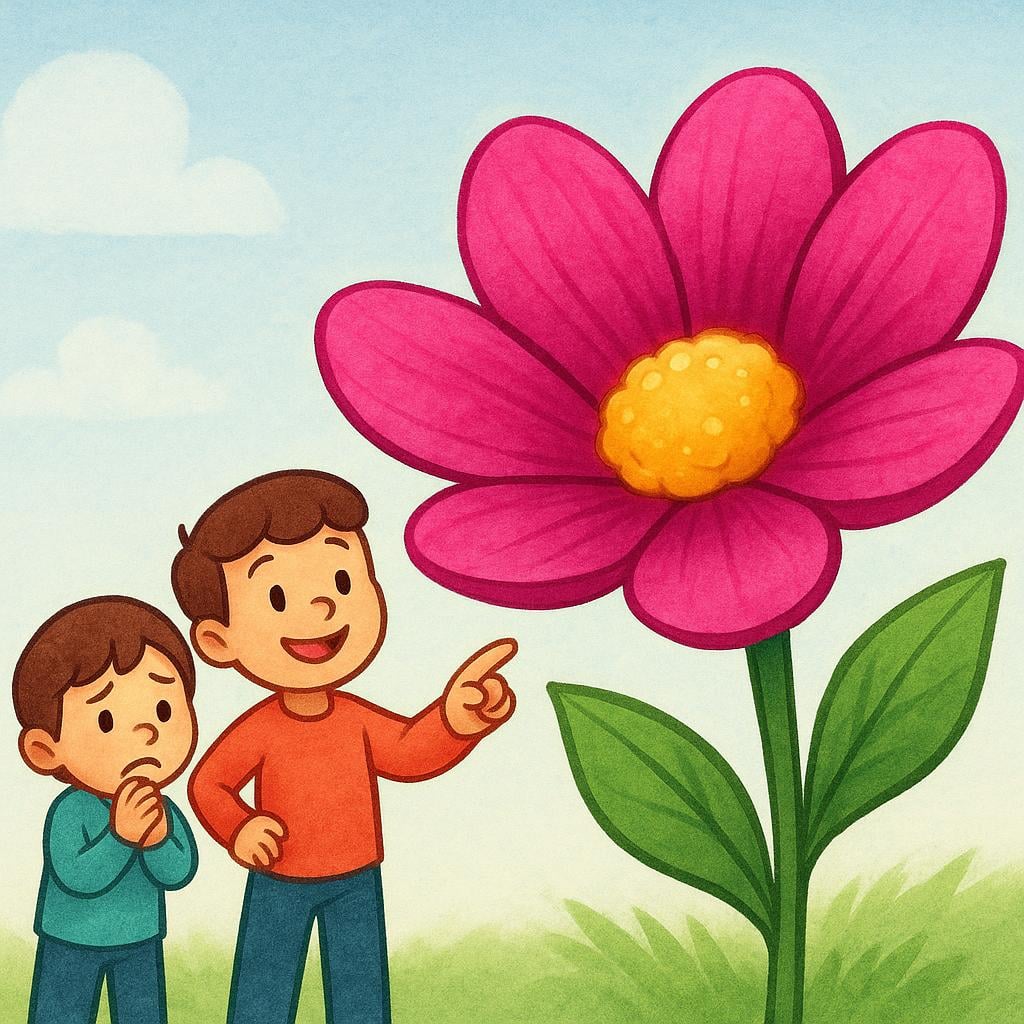 A worried character being comforted by a confident friend who points to a large, bright, successful blooming flower, symbolizing a positive guaranteed outcome.