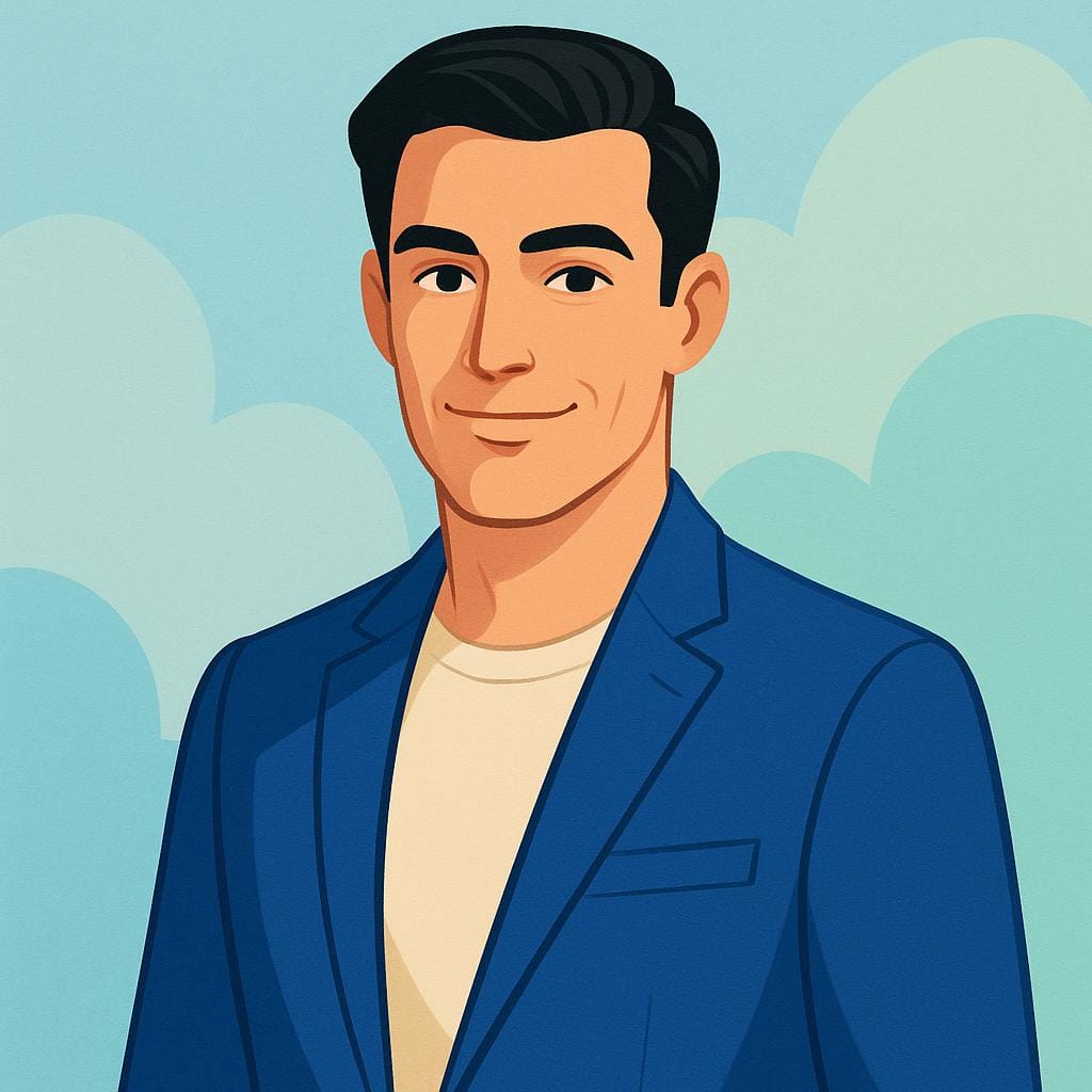 A strikingly handsome man with neat dark hair, wearing a sharp blue jacket, smiling confidently.