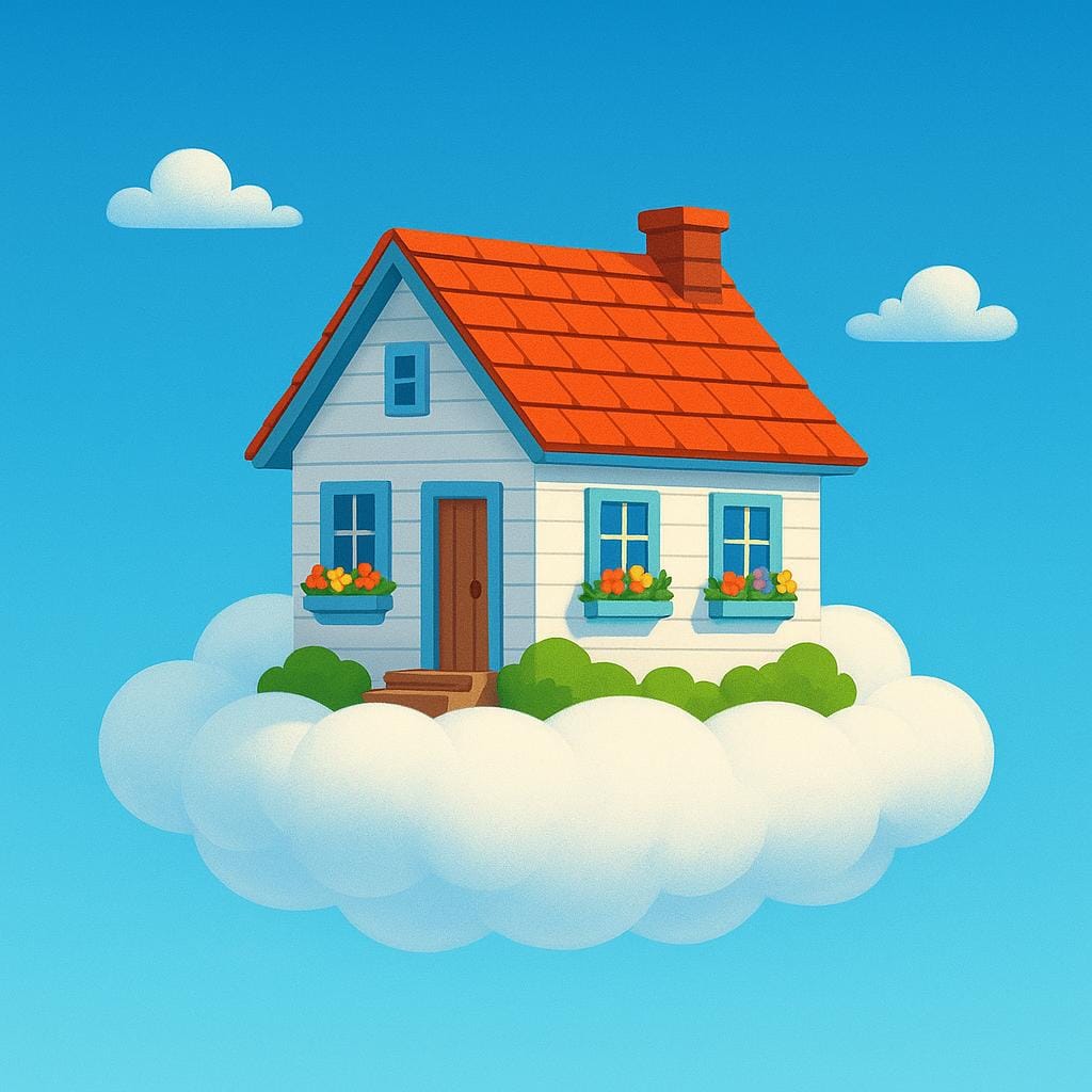 An idealized, small, cozy house with a chimney and bright windows, resting perfectly on a fluffy white cloud in a bright blue sky.