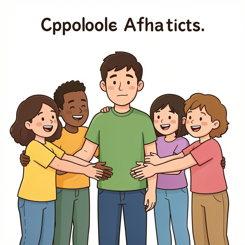 A person standing with open palms and a gentle expression before a group of people who are smiling and reaching out to offer a hug.