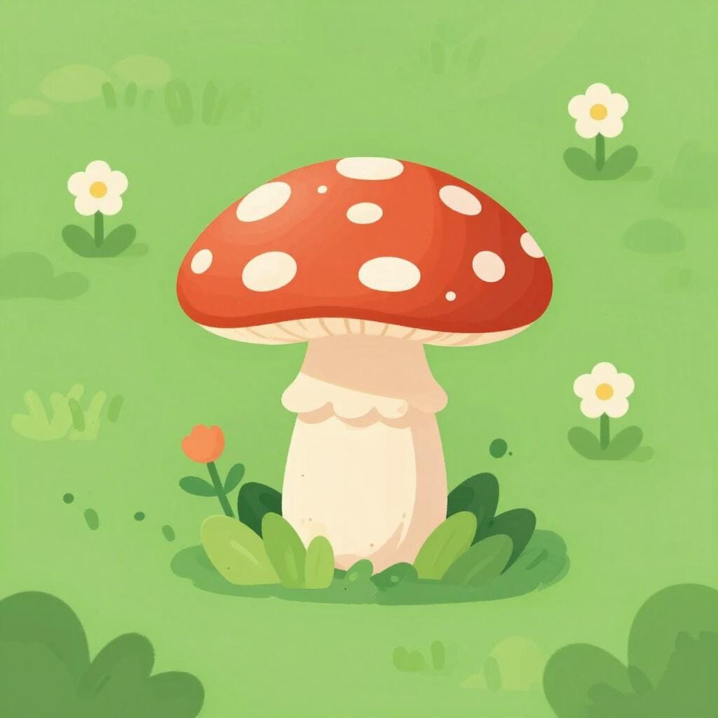 A classic red mushroom with white spots growing in a green forest clearing.