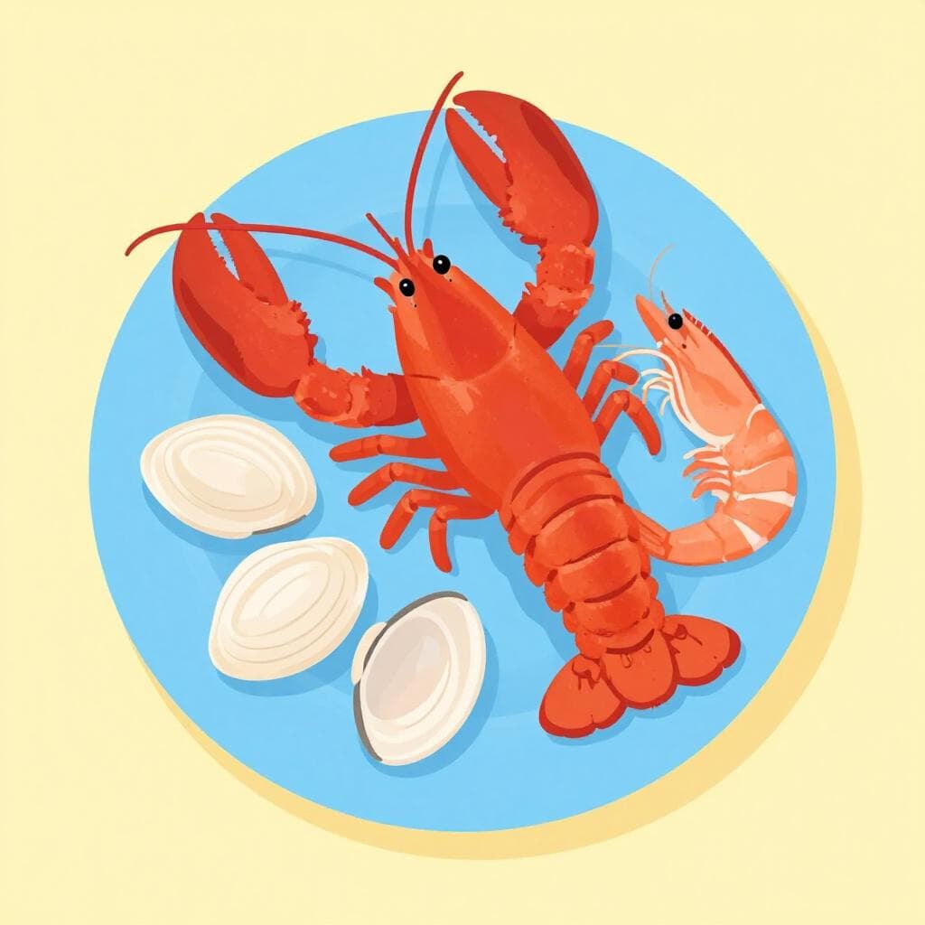A colorful arrangement of a cooked lobster, a few clams, and a shrimp on a simple plate.
