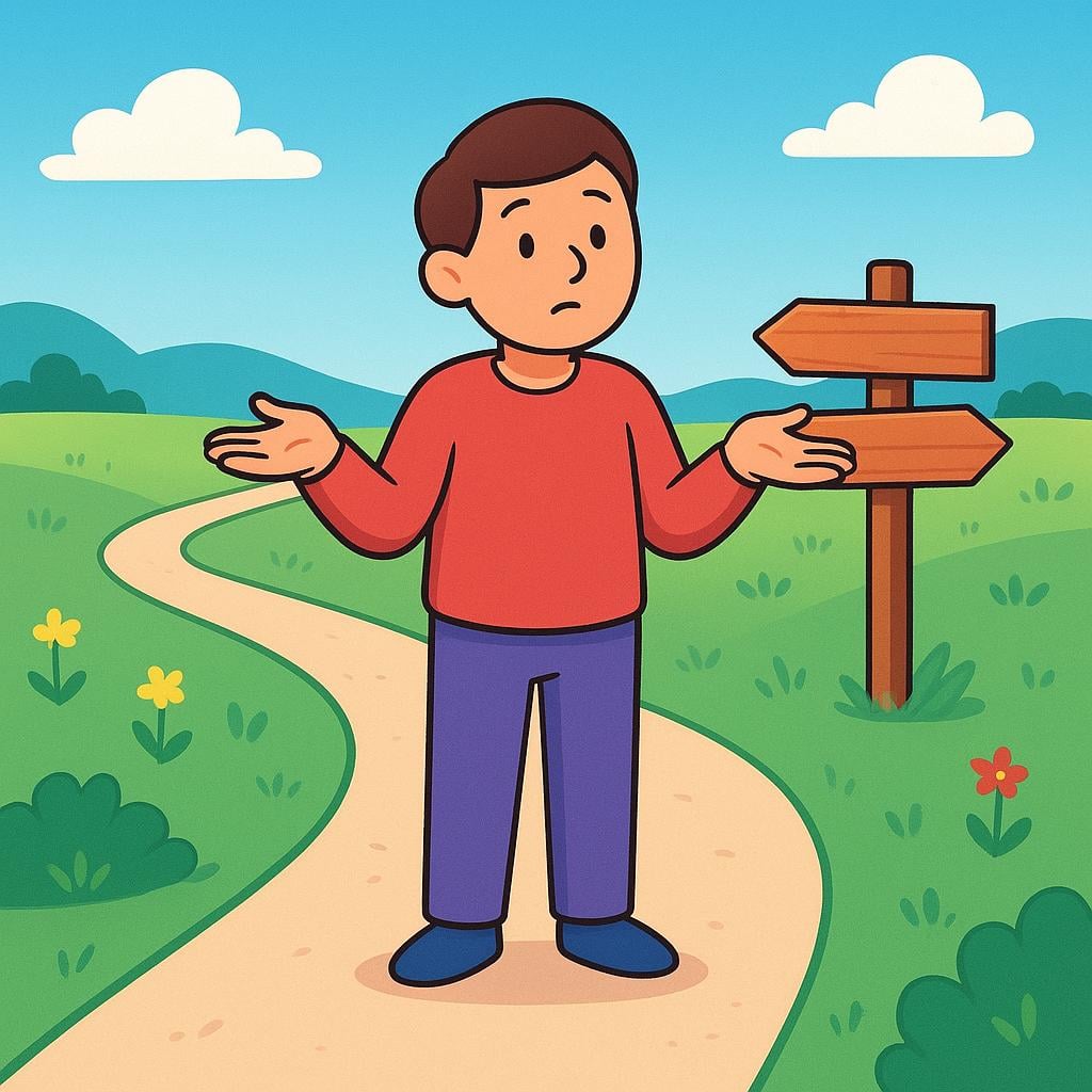 A cartoonish figure standing at a fork in a winding road, shrugging their shoulders to show they are unsure which path to take next.