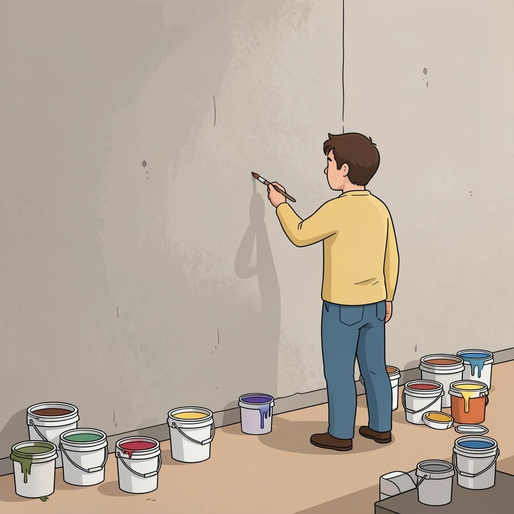 A person carefully painting a very large, intricate mural with a tiny brush.