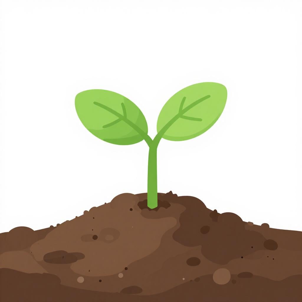 A small green sprout with two leaves growing out of a pile of rich brown soil.
