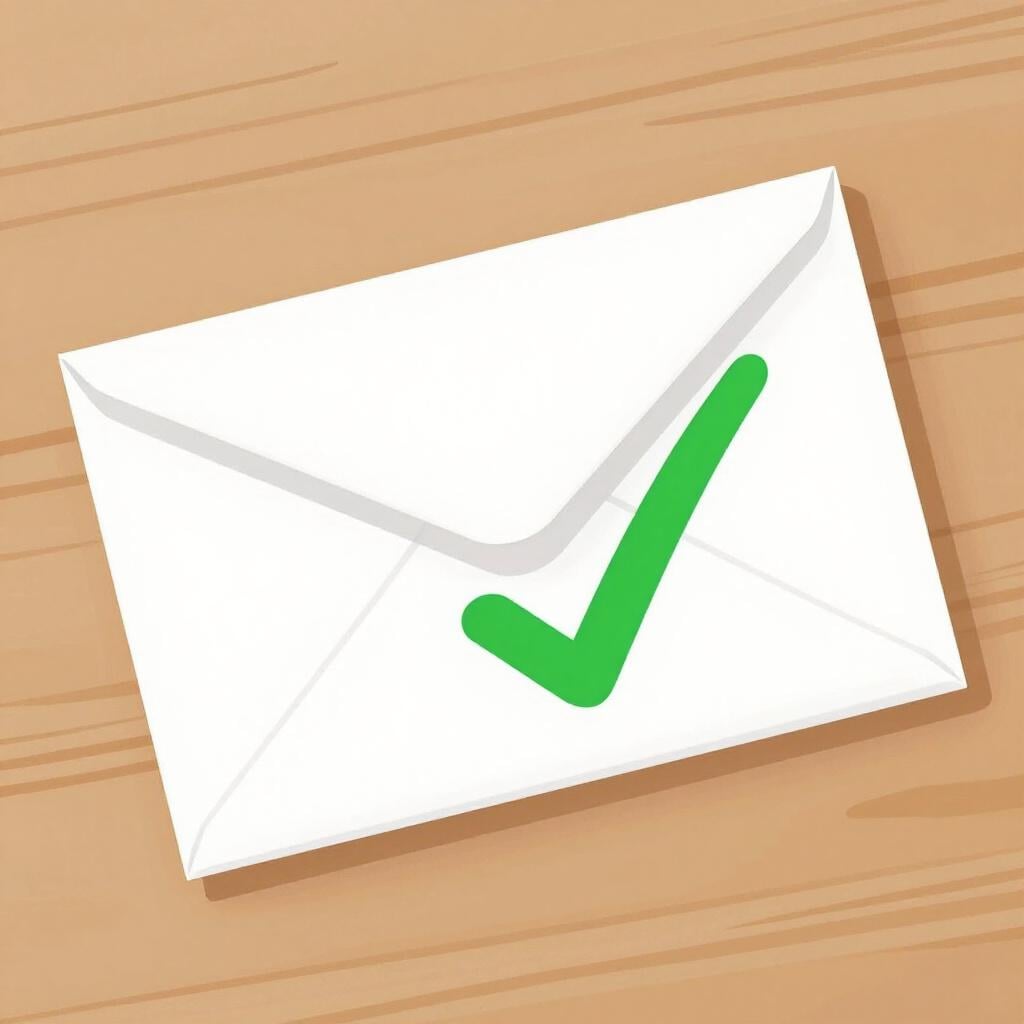 A sealed envelope with a large green checkmark on it, indicating it has been addressed.