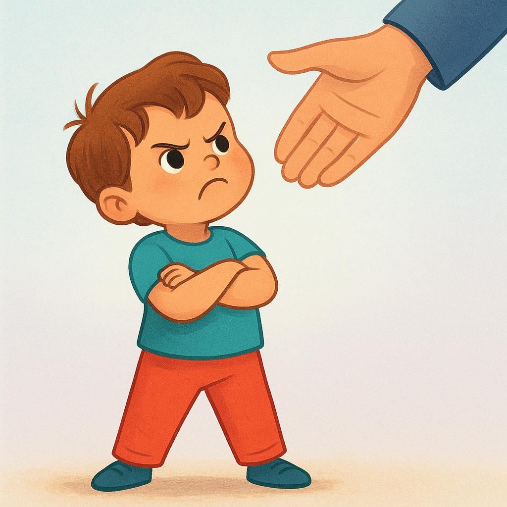 A storybook illustration of a small child with crossed arms and a frown, stubbornly resisting the outstretched hand of an adult, symbolizing rebellious resistance to authority.