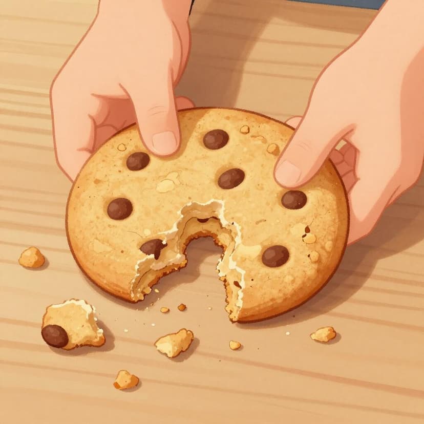 A piece of dry cake or bread being broken apart by a hand, with small crumbs falling onto a wooden surface.