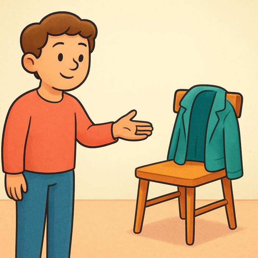 A person with raised eyebrows pointing at an empty chair with a jacket draped over it.