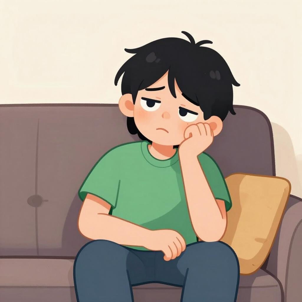 A person sitting on a sofa with messy hair and heavy eyelids, looking very tired.