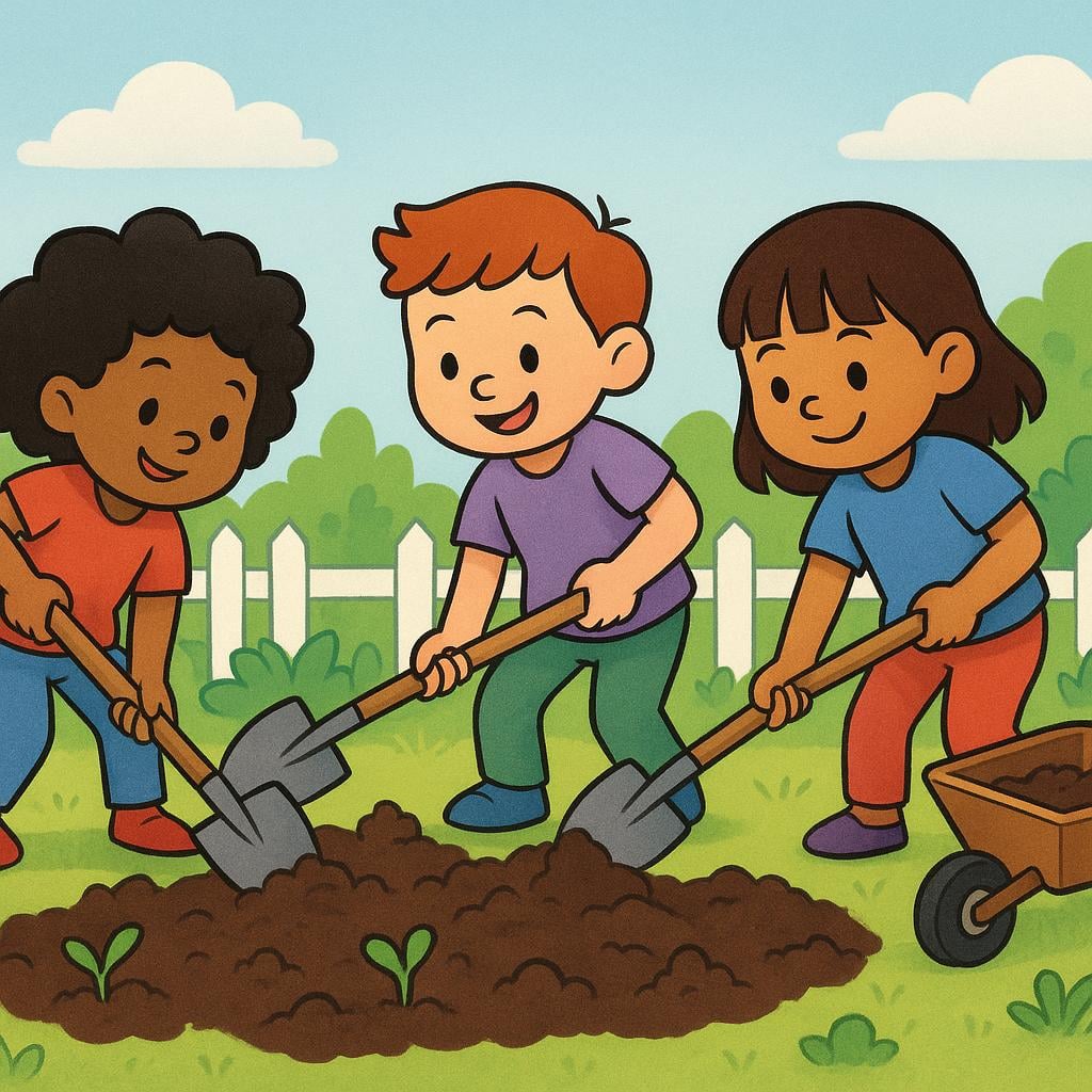 A simplistic illustration showing three people actively digging in a garden with shovels.