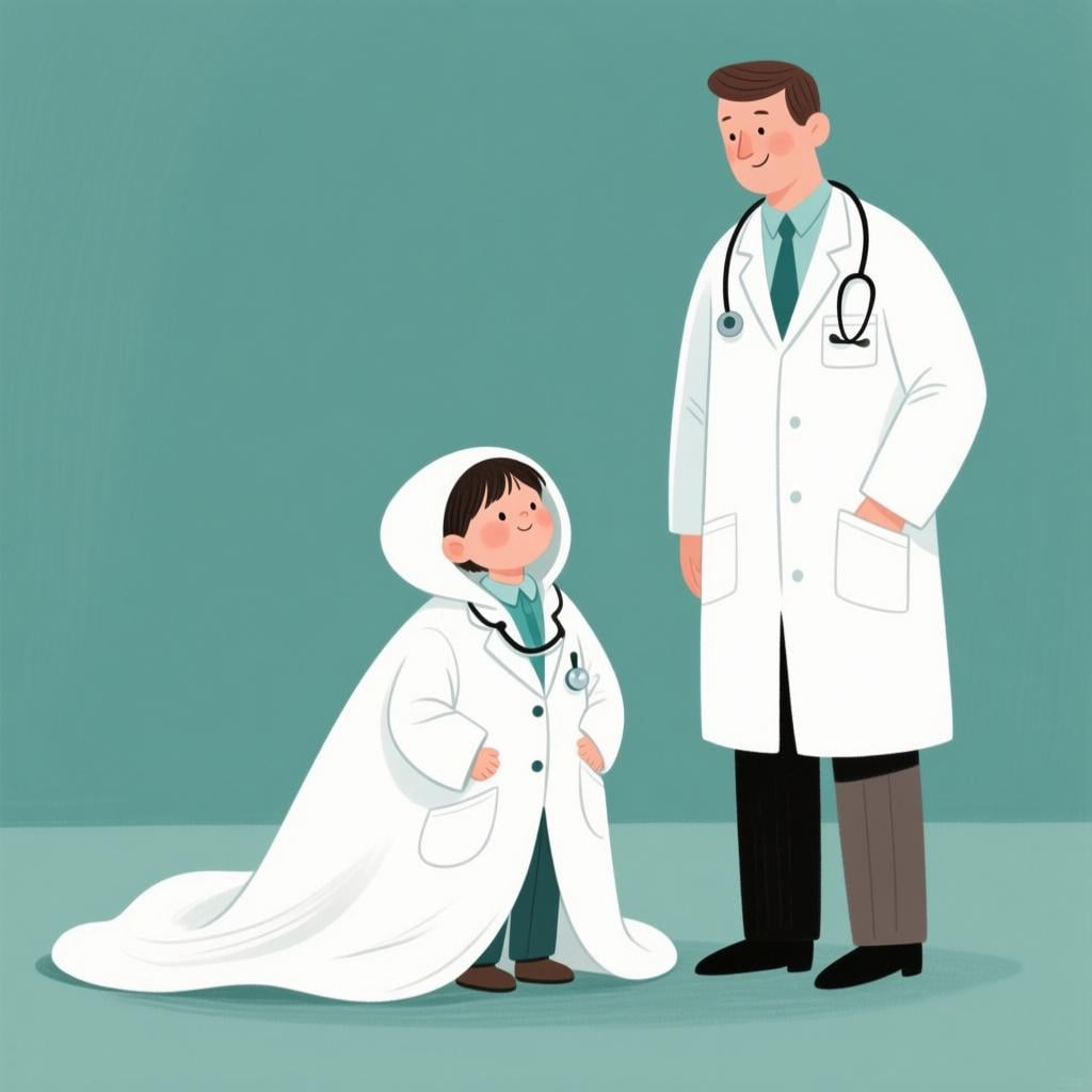 A small child wearing an oversized white doctor's coat that is too big, standing next to a fully grown adult in a neat matching doctor's coat, illustrating the concept of being grown-up.