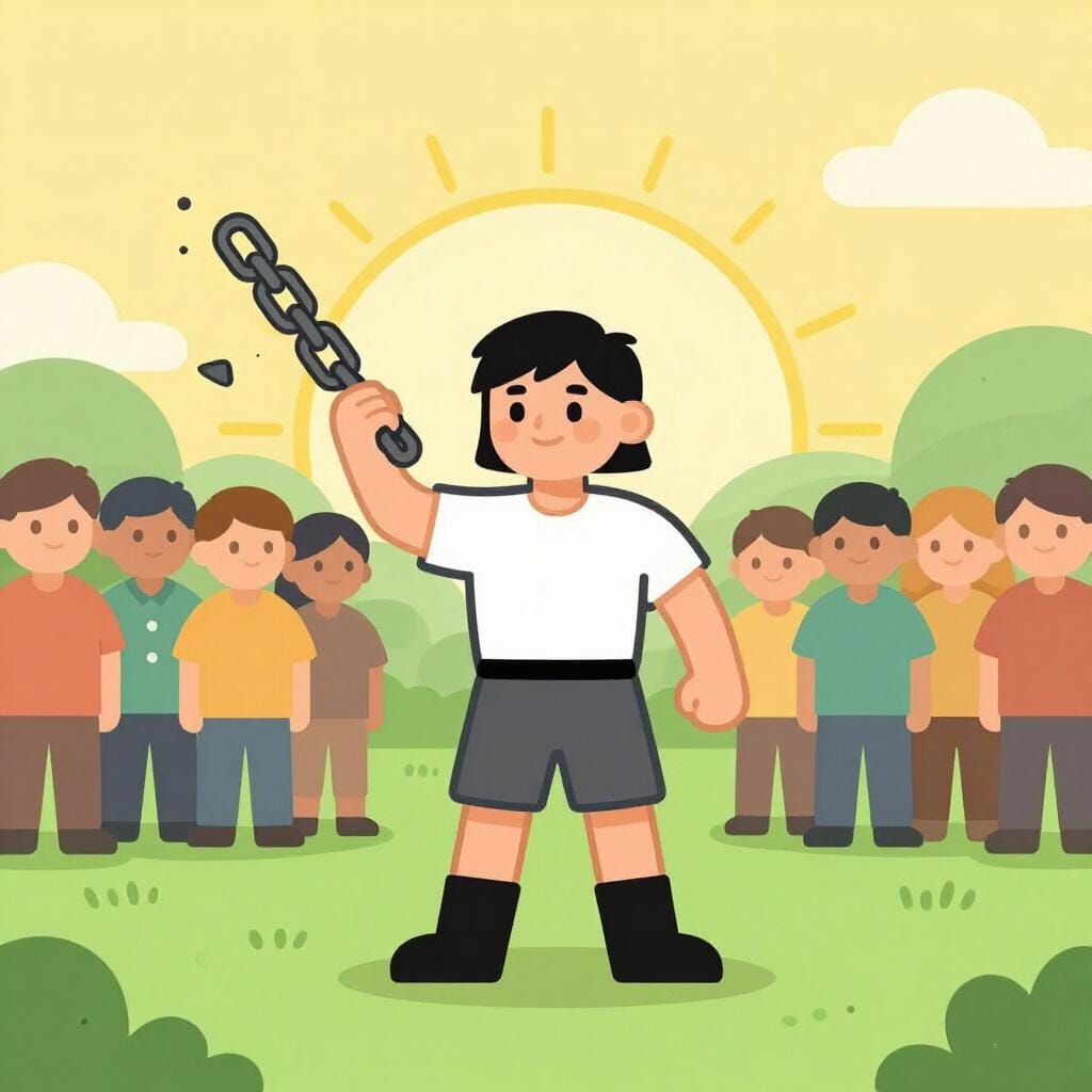 A heroic figure breaking a heavy metal chain held by a group of people, leading them toward a bright horizon.