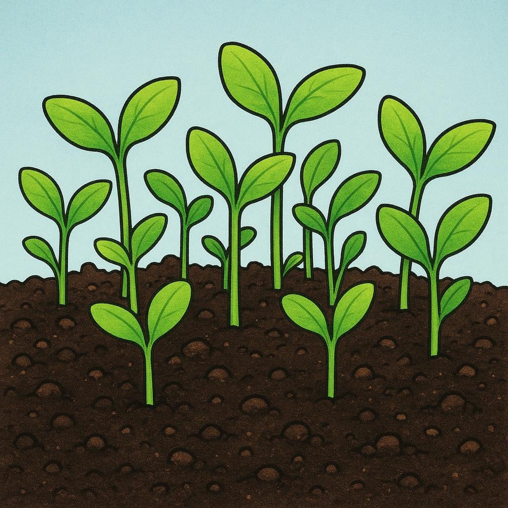 A close-up view of extremely dark, fertile, nutrient-rich soil with several vibrant green plant shoots growing densely out of it.