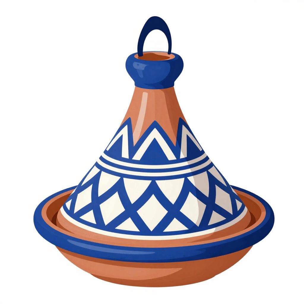 Una colorata pentola tagine in ceramica con intricati motivi blu e bianchi seduta su un tavolo di legno rustico.