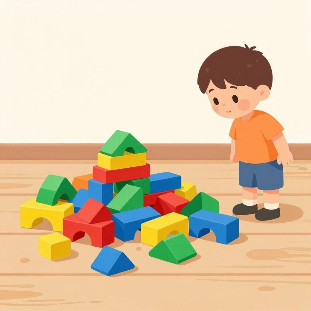 A child looking at a collapsed house made of wooden toy blocks on the floor.