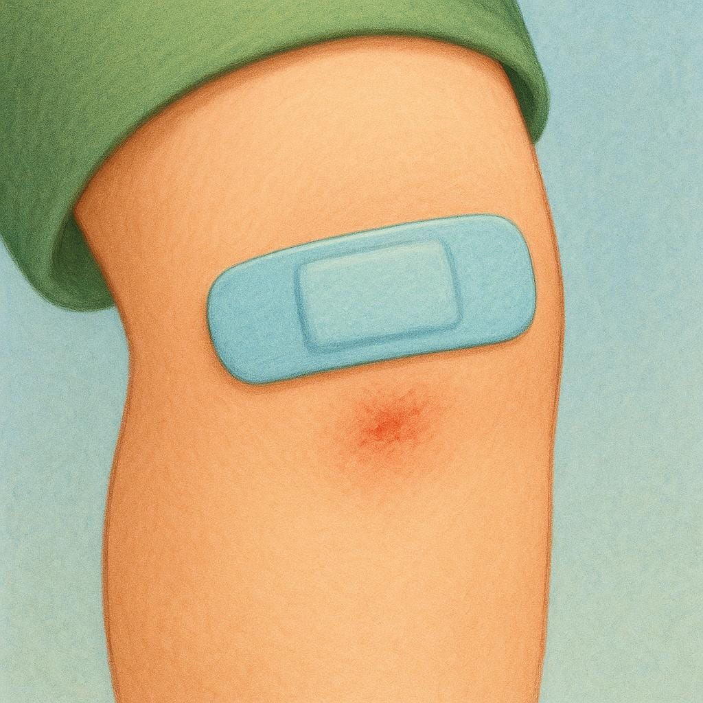 A close-up view of a scraped knee with a small adhesive bandage covering the minor injury.