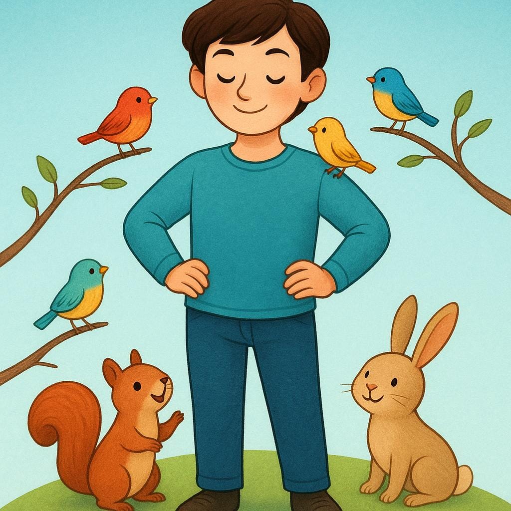 A confident person standing in a colorful field, surrounded by several small, happy animals (birds and squirrels) who are gathering around them, depicting a charmer's magnetic skill.