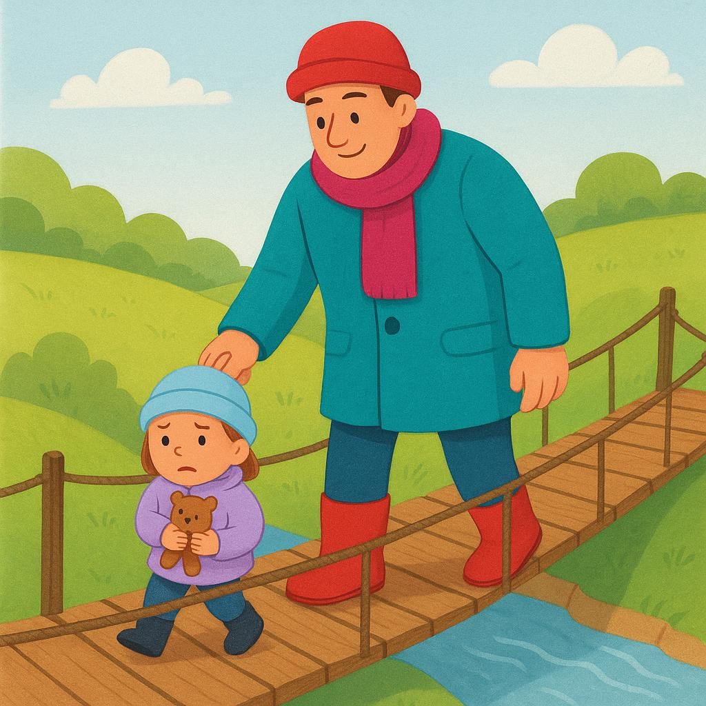 A tall, strong figure holds the hand of a small figure, guiding them safely across a narrow wooden bridge.