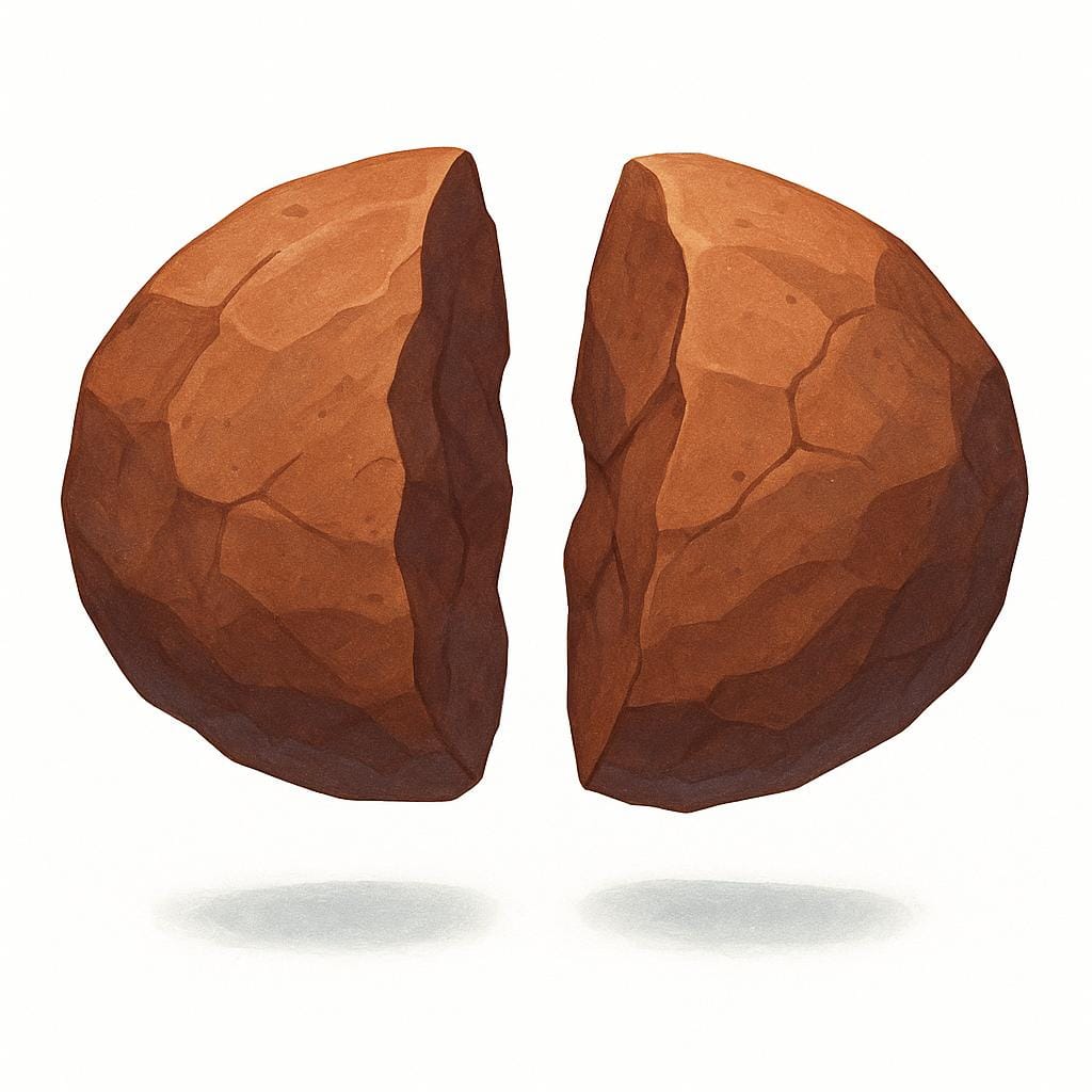 A colorful illustration of a large floating rock split into two separate pieces with a gap between them.