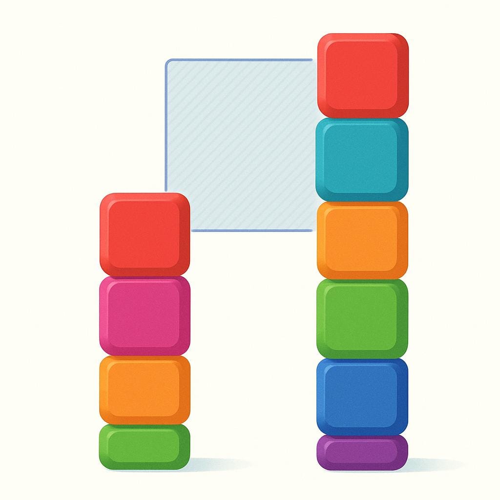 Two stacks of colorful blocks. The first stack representing 'cost' is shorter. The second stack representing 'price' is taller, with the topmost section of the taller stack highlighted in a different color to represent the profit margin.