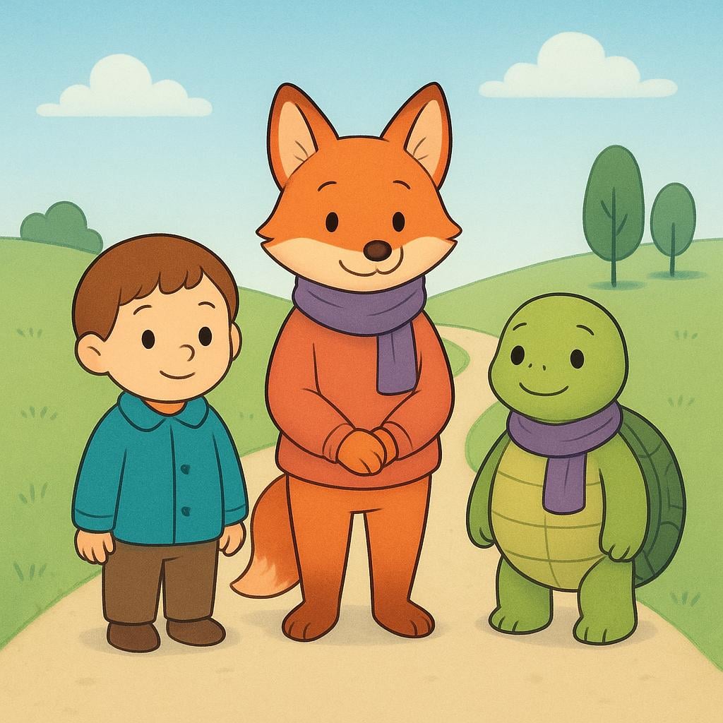 A colorful illustration showing three small figures standing side-by-side on a dirt path, looking into the distance with patient expressions, waiting for someone or something to arrive.