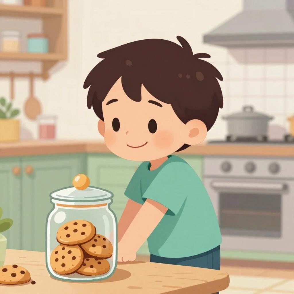 A mischievous young boy with a playful grin hiding a jar of cookies behind his back.