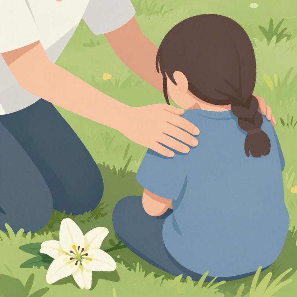 一人の人がもう一人の人の肩にそっと手を置き、励ましのジェスチャーをしている、地面に一輪の花がある、シンプルな絵本のイラスト。