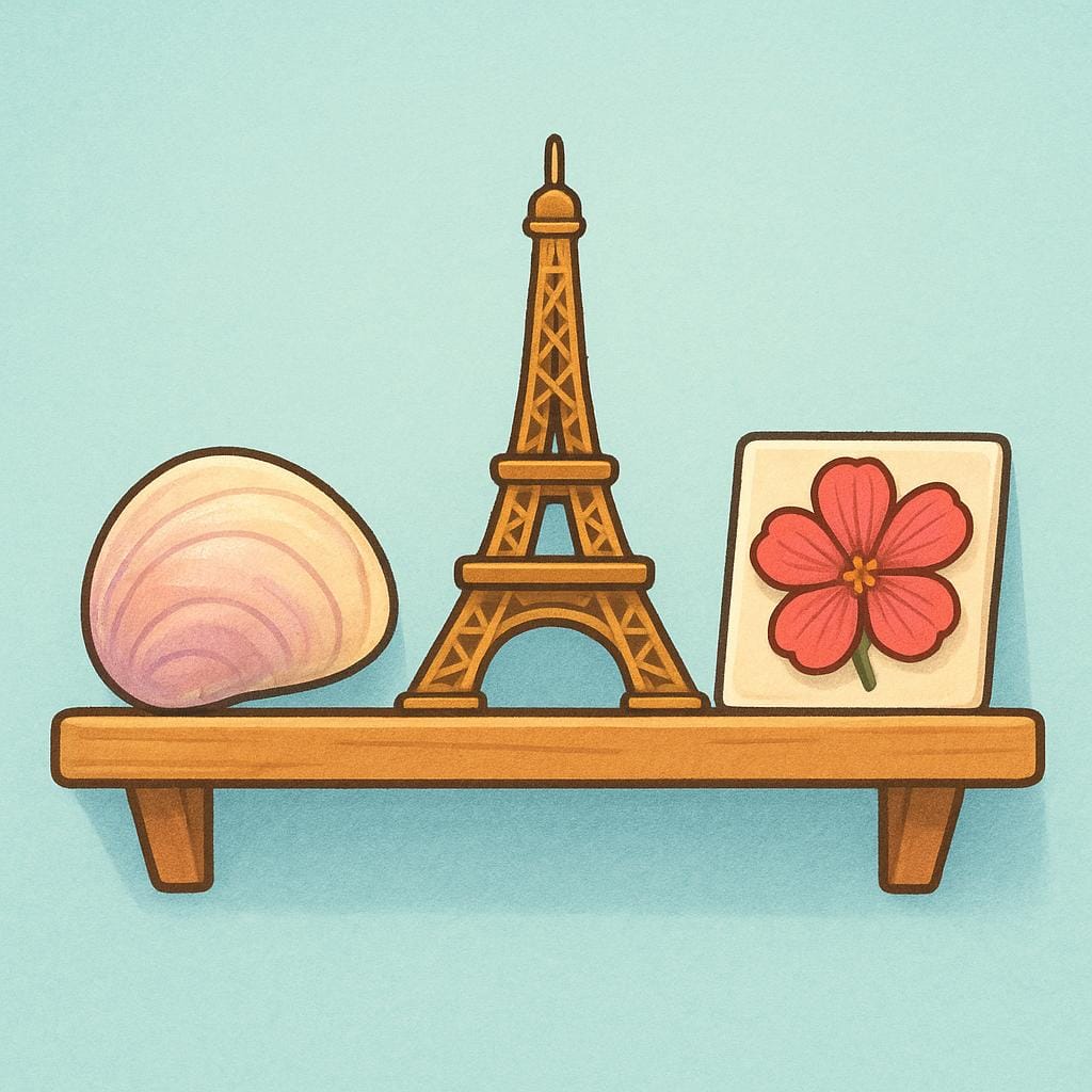 A high-quality simple colorful storybook illustration showing a collection of souvenirs on a wooden shelf, including a miniature replica of a famous landmark, a seashell, and a pressed flower.