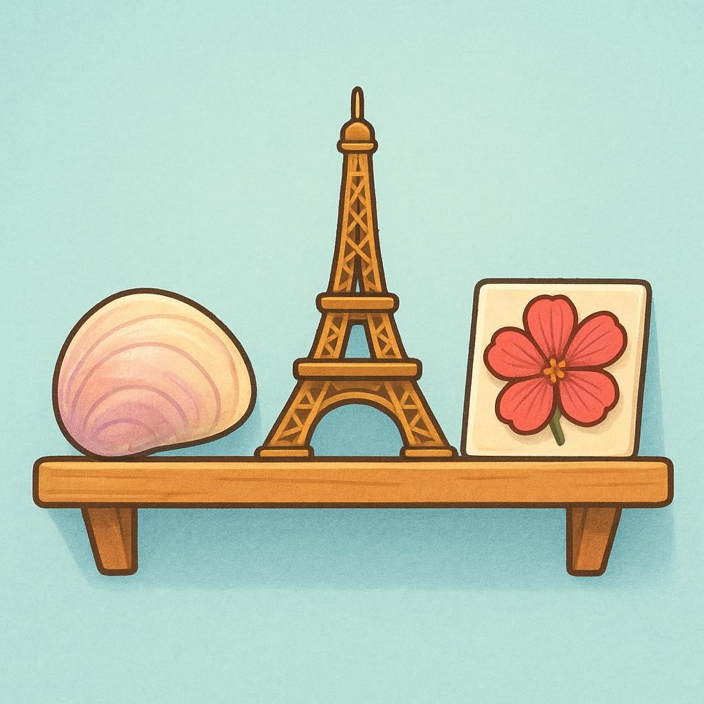 A high-quality simple colorful storybook illustration showing a collection of souvenirs on a wooden shelf, including a miniature replica of a famous landmark, a seashell, and a pressed flower.
