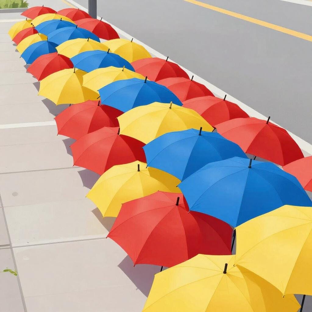 A row of colorful umbrellas where every third umbrella is bright yellow, showing a clear, predictable pattern.