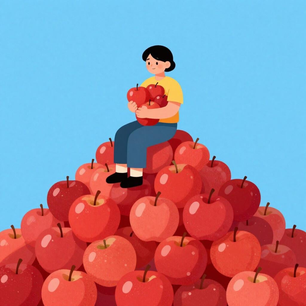 A person sitting on top of a massive pile of red apples, hugging several apples tightly to their chest.
