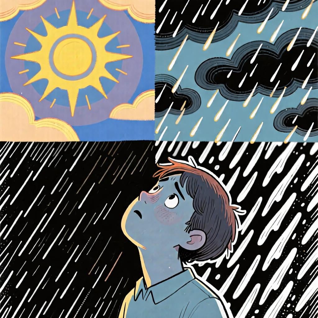A person looking up at a sky that has both sunshine and dark rain clouds, suggesting uncertainty about the weather.