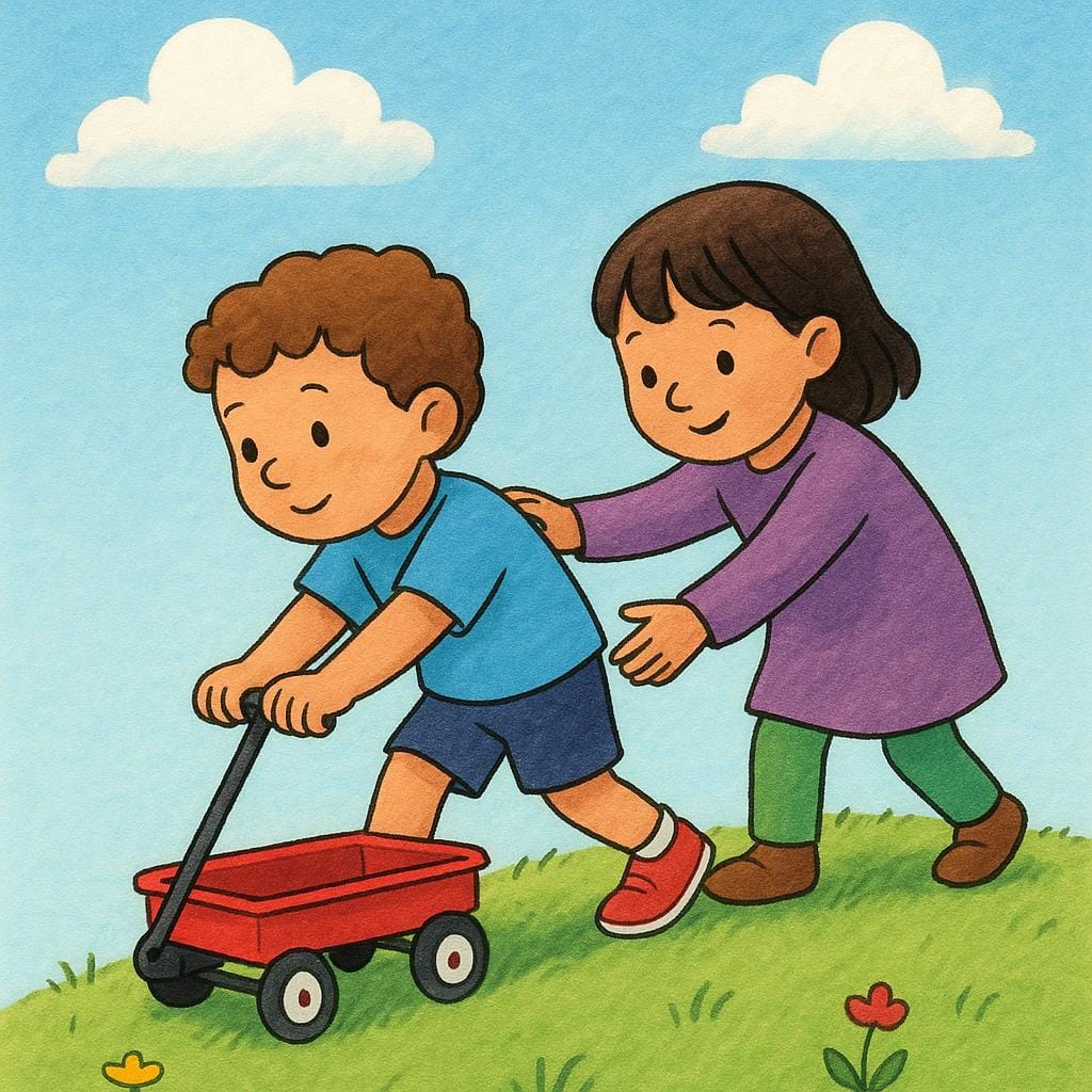 A colorful illustration showing one child grasping the handle of a small red wagon and helping another child pull it up a grassy hill, illustrating general assistance.